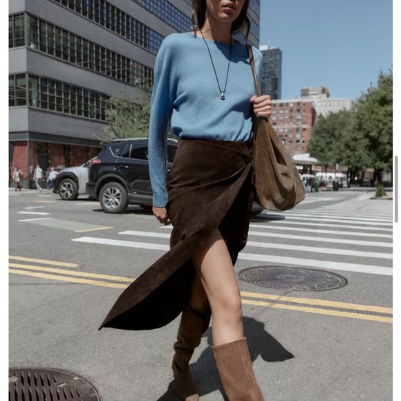 Zara NWT 100% leather wrap midi skirt brown 6318/236 - Picture 7 of 12